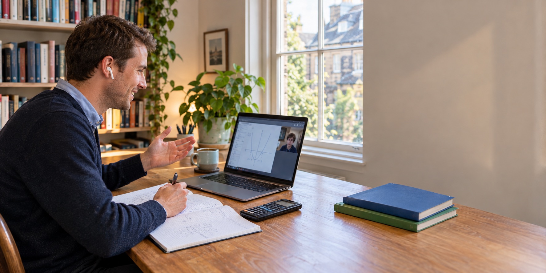 A UK tutor teaching an online maths lesson from a home study