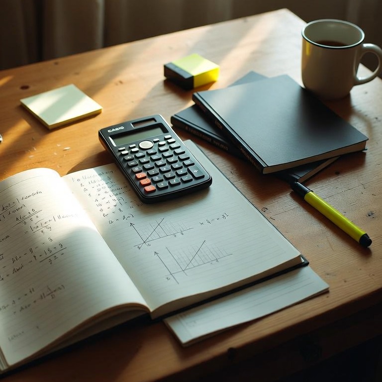 A desk with an open exercise book of maths working, a calculator and revision notes