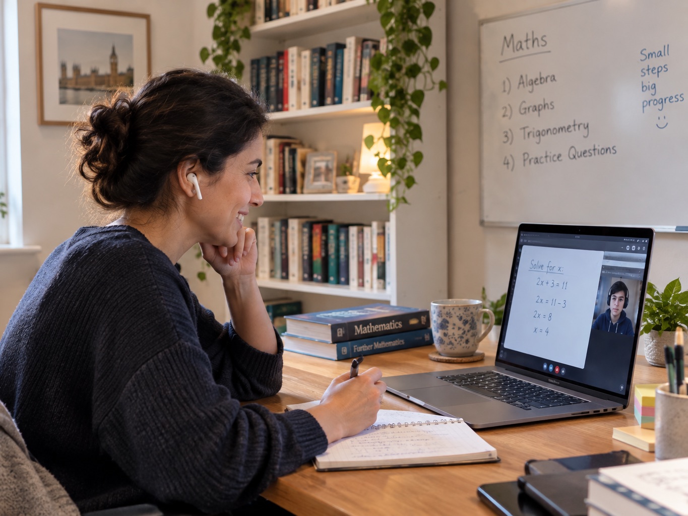 A tutor at her desk teaching a maths lesson online, with a whiteboard of topics behind her
