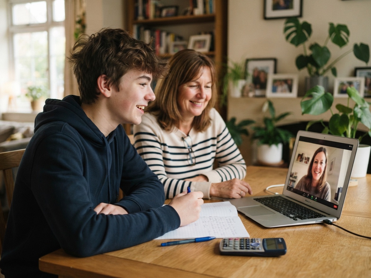 A teenager and a parent smiling during a video call with a tutor on a laptop